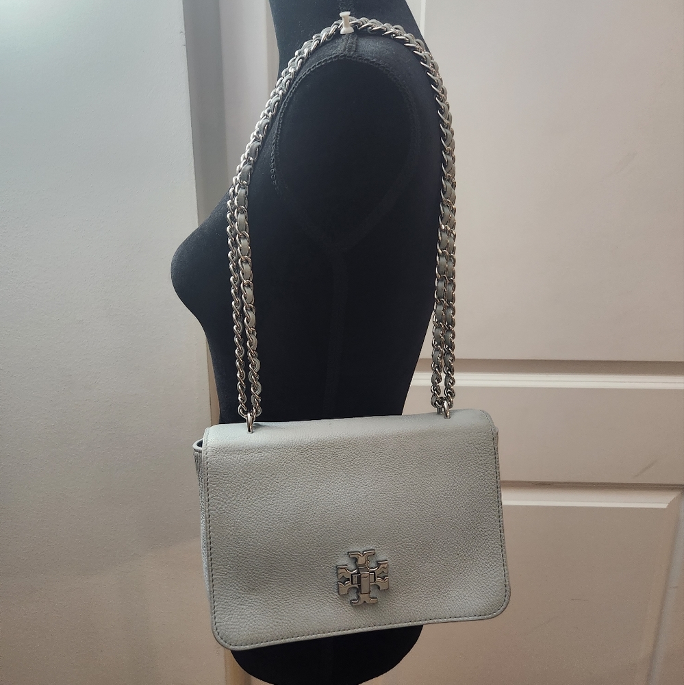Tory Burch MERCER adjustable Chain Woven Leather Strap Shoulder bag. Sky blue